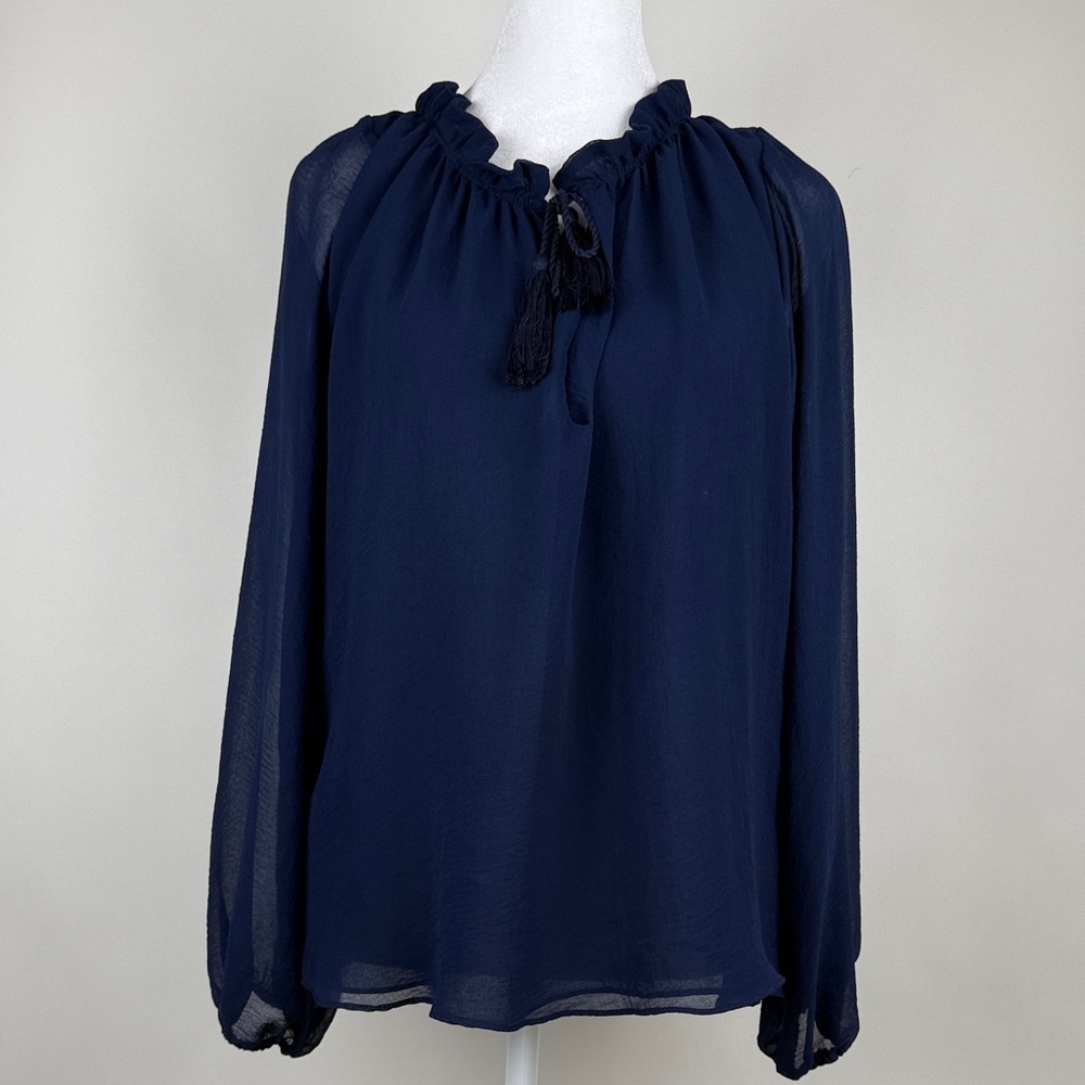 Misa Los Angeles Long Sleeve Ruffle Navy Blouse Top Tassels Size Small